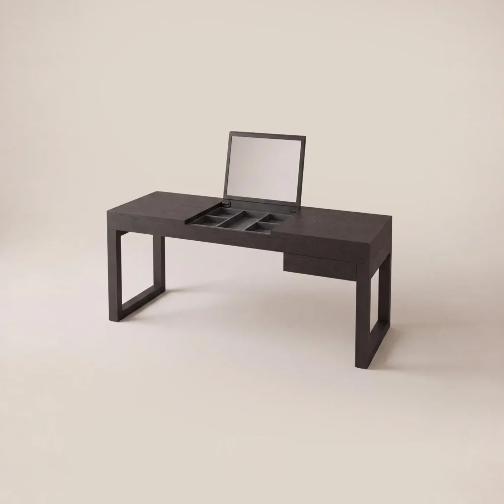 Smoked Black Oak Flip-Mirror Vanity Desk in black — front view