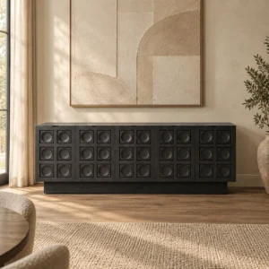 Black Oak Relief Sideboard with Circle-in-Square Doors in black — in a room setting