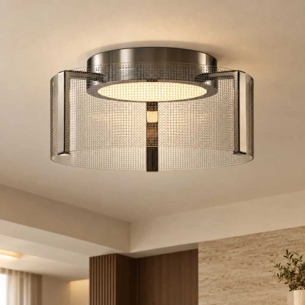 Black Top Ribbed Mesh Glass Flush Ceiling Light in silver — front view