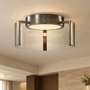 Black Top Ribbed Mesh Glass Flush Ceiling Light in silver — front view