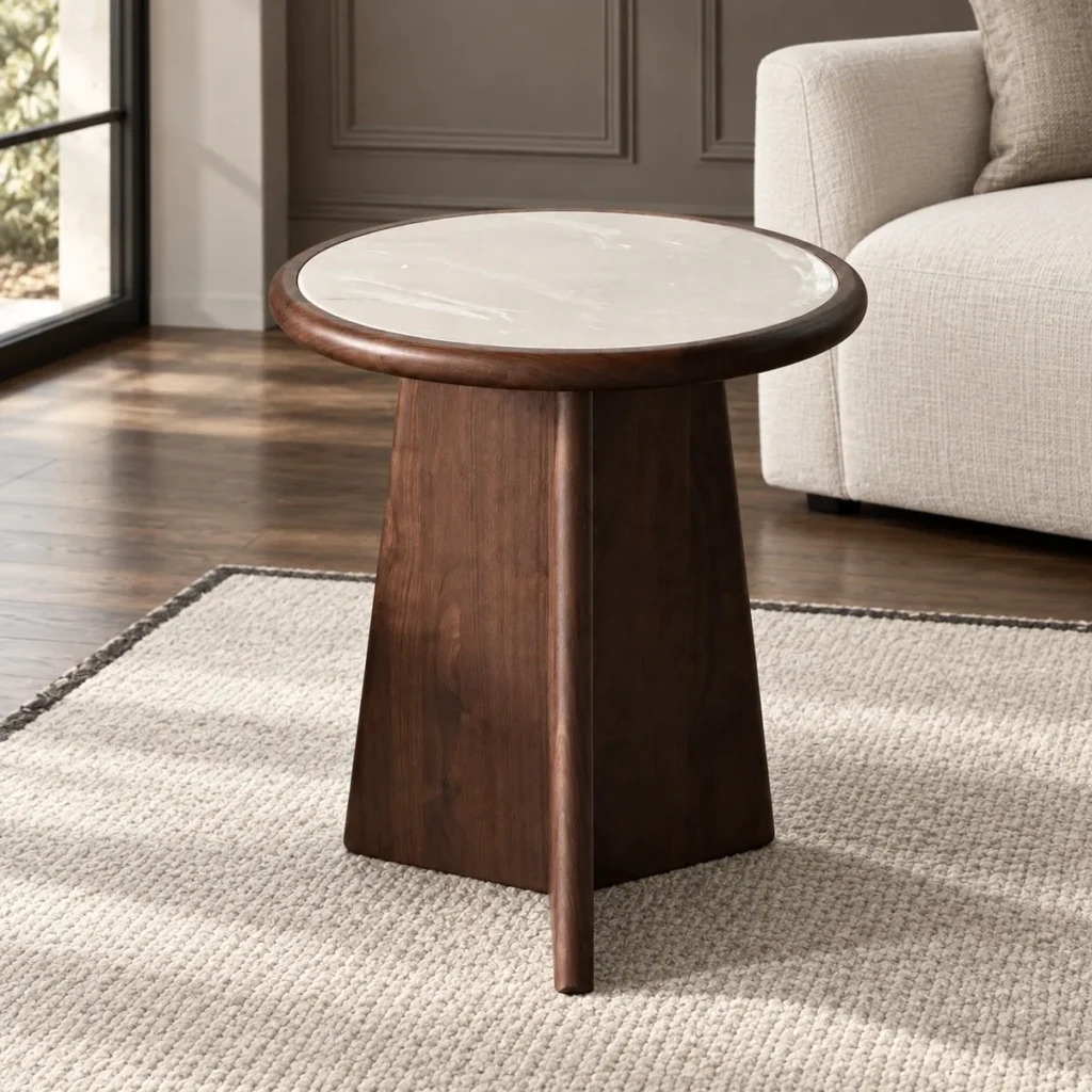 Black Walnut Side Table with Round Marble Top on Folded Base in walnut — front view
