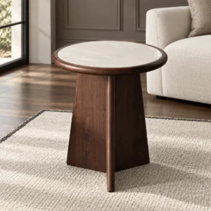 Black Walnut Side Table with Round Marble Top on Folded Base in walnut — front view