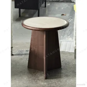Black Walnut Side Table with Round Marble Top on Folded Base in walnut — in a room setting