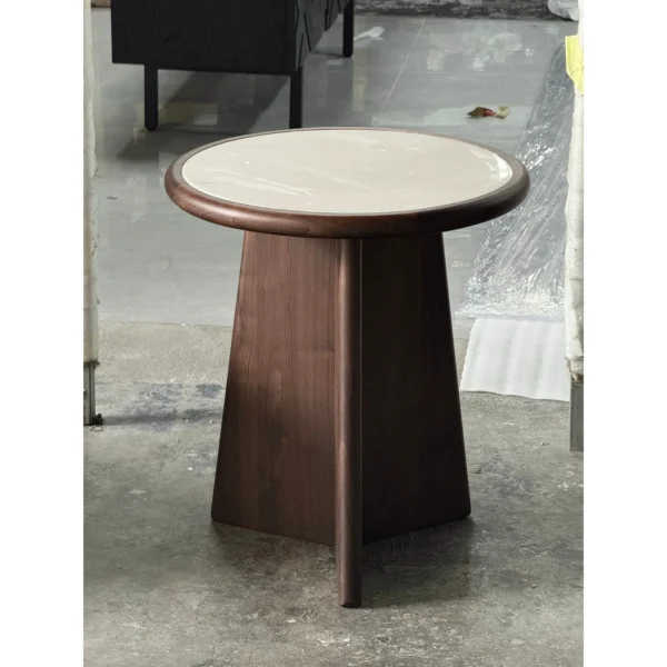 Black Walnut Side Table with Round Marble Top on Folded Base in walnut — in a room setting