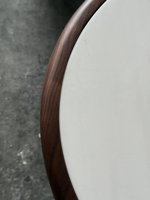 Black Walnut Side Table with Round Marble Top on Folded Base in walnut — detail