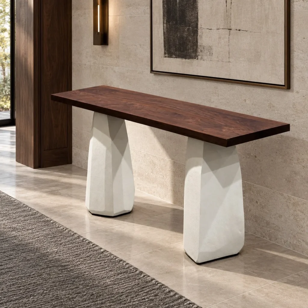 Black Walnut Long Table on Faceted Microcement Bases in walnut — front view