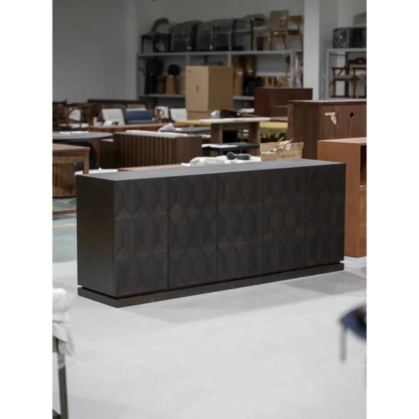 Black Walnut Sideboard with Carved Geometric Relief Doors in walnut — in a room setting