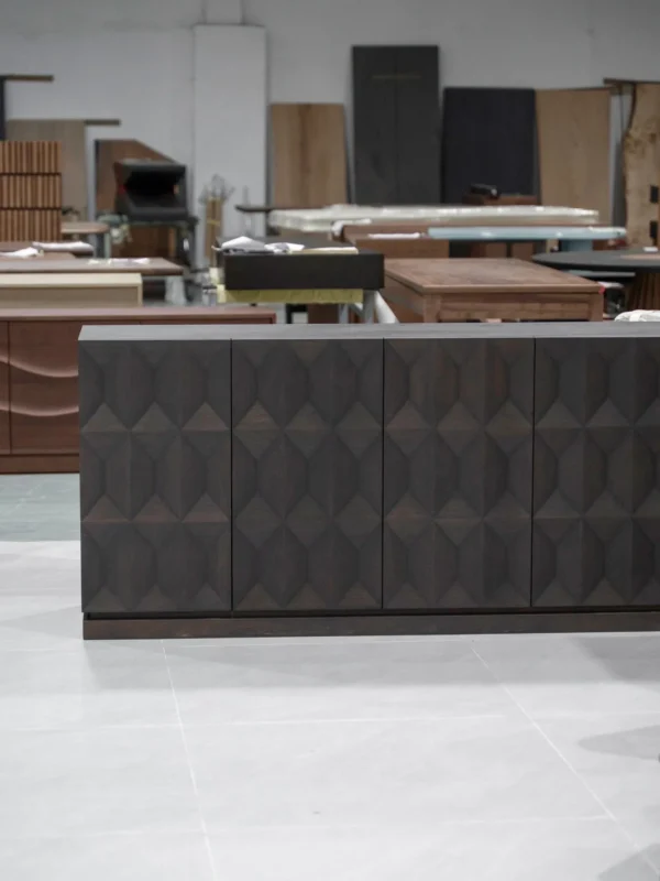 Black Walnut Sideboard with Carved Geometric Relief Doors in walnut — in a room setting