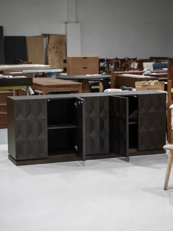 Black Walnut Sideboard with Carved Geometric Relief Doors in walnut — in a room setting