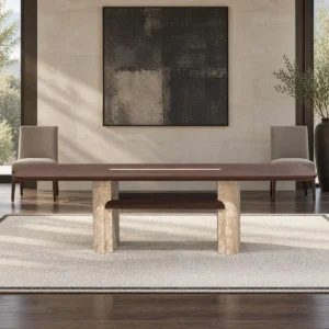 Black Walnut Long Dining Table on Travertine Pedestals in walnut — front view