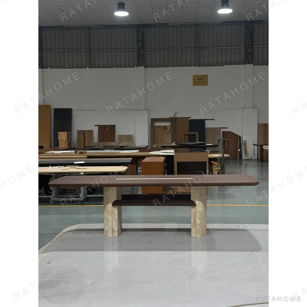 Black Walnut Long Dining Table on Travertine Pedestals in walnut — in a room setting