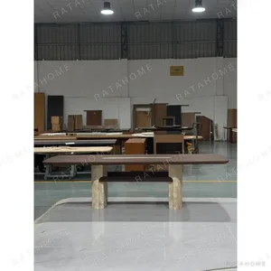 Black Walnut Long Dining Table on Travertine Pedestals in walnut — in a room setting
