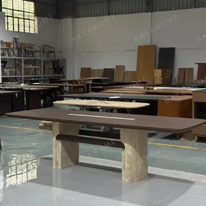Black Walnut Long Dining Table on Travertine Pedestals in walnut — in a room setting