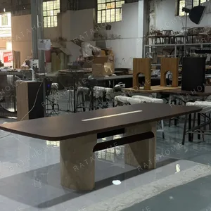 Black Walnut Long Dining Table on Travertine Pedestals in walnut — in a room setting