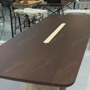 Black Walnut Long Dining Table on Travertine Pedestals in walnut — detail