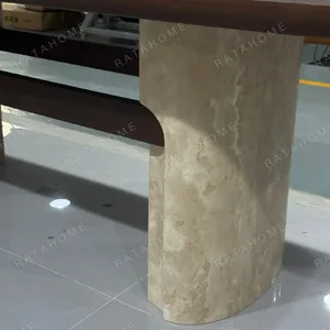 Black Walnut Long Dining Table on Travertine Pedestals in walnut — detail
