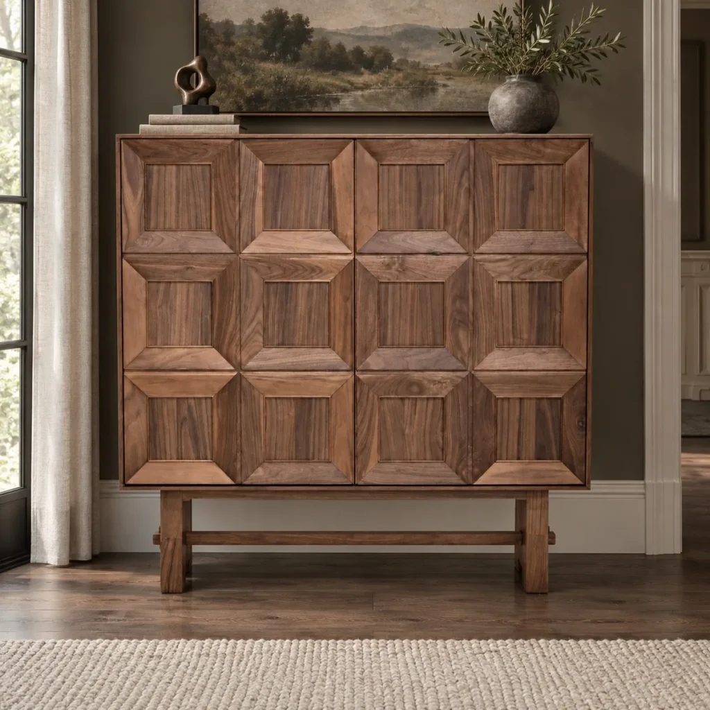 Black Walnut Faceted-Panel Cabinet on Trestle Base in walnut — front view