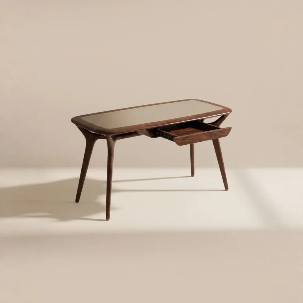Black Walnut Desk with Leather Inset and Brass-Tipped Wing in walnut — front view