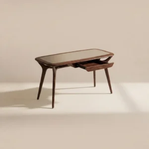 Black Walnut Desk with Leather Inset and Brass-Tipped Wing in walnut — front view