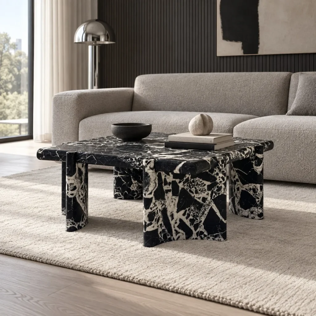 Black and White Breccia Marble Coffee Table in black — front view