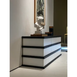 Black and White Layered Sideboard with Horizontal Bands in ivory — in a room setting