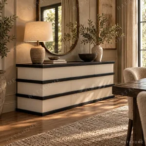 Striped Contrast Black and White Sideboard in black — in a room setting