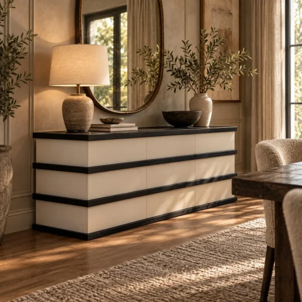 Striped Contrast Black and White Sideboard in black — in a room setting