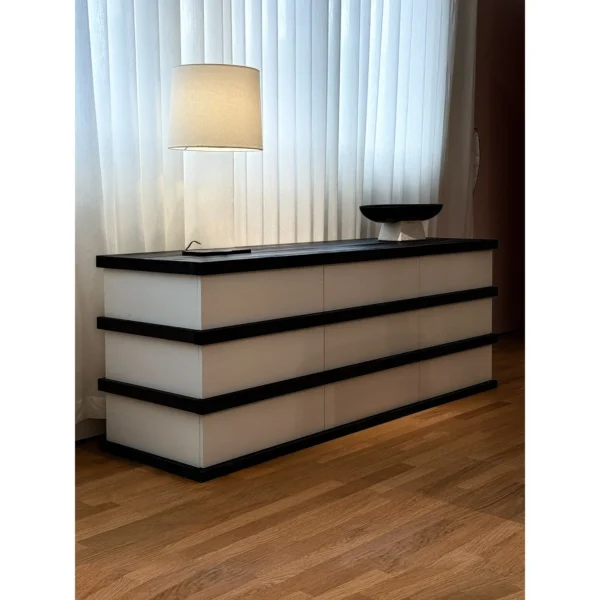 Striped Contrast Black and White Sideboard in black — in a room setting