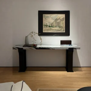 Arche Black-and-White Marble Console on Curved Metal Base in ivory — front view
