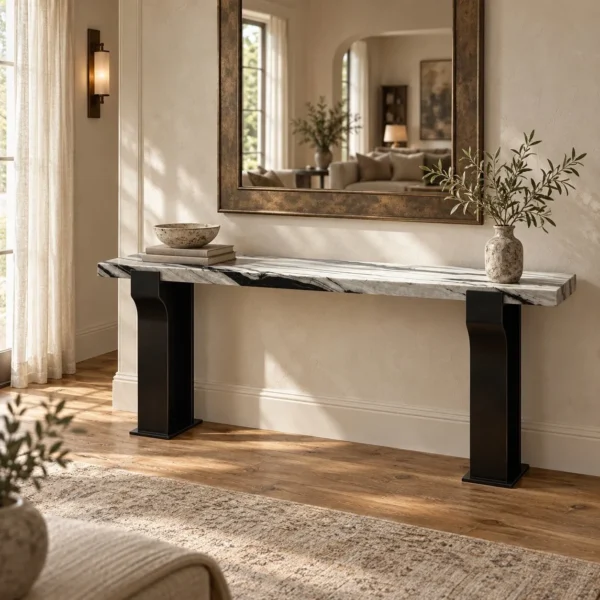 Arche Black-and-White Marble Console on Curved Metal Base in ivory — in a room setting