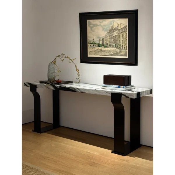 Arche Black-and-White Marble Console on Curved Metal Base in ivory — in a room setting
