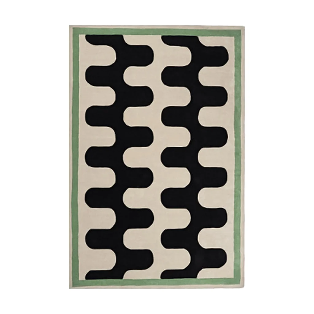 Black and White Wave Check Rug with Green Border in black — front view