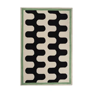 Black and White Wave Check Rug with Green Border in black — front view