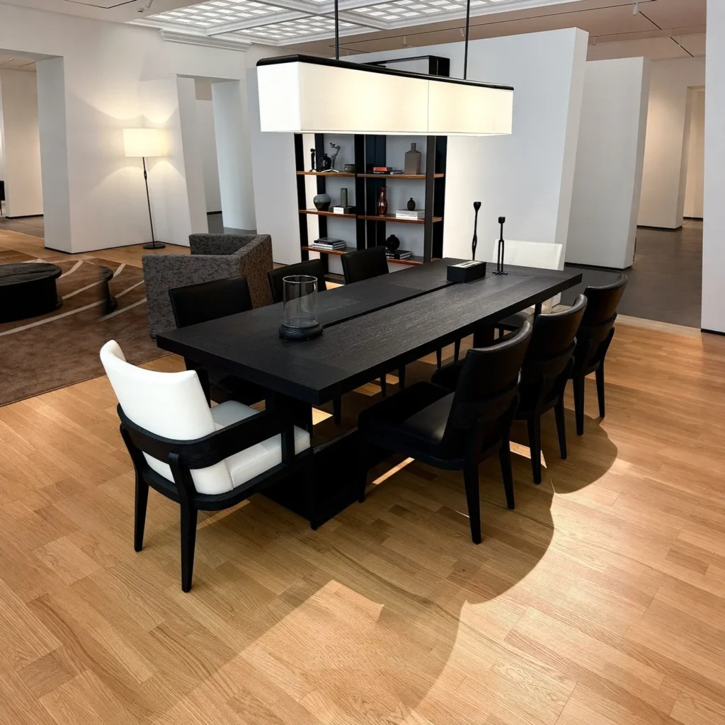 Black Oak Long Dining Table with Black and White Chairs in black — front view