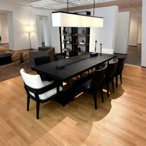 Black Oak Long Dining Table with Black and White Chairs in black — front view