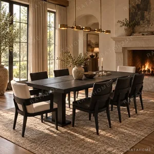 Black Oak Long Dining Table with Black and White Chairs in black — in a room setting