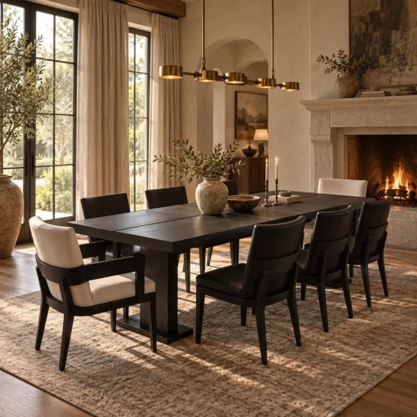 Black Oak Long Dining Table with Black and White Chairs in black — in a room setting