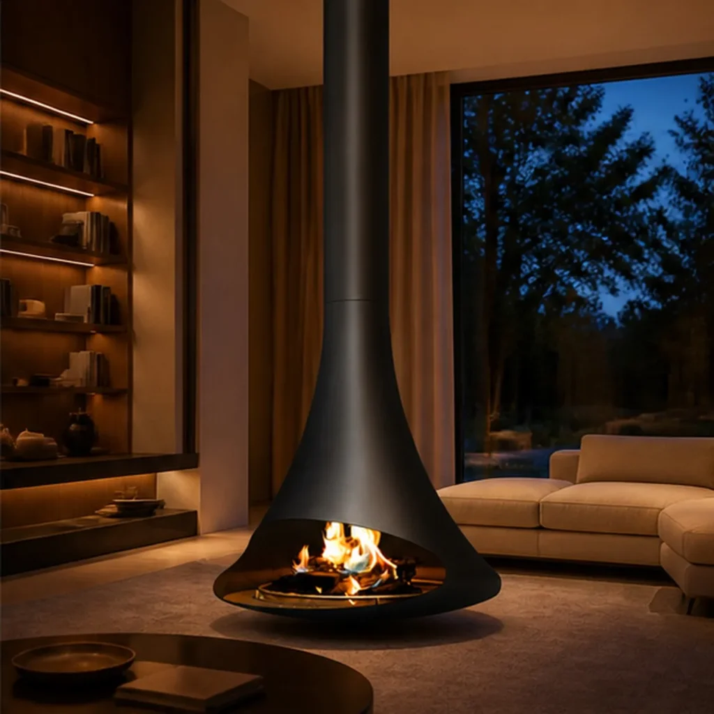 Blanche Suspended Trumpet Fireplace with Open Bowl, 90 cm in black — front view