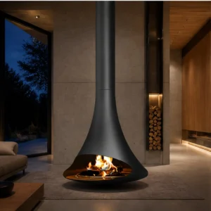 Blanche Suspended Trumpet Fireplace with Open Bowl, 90 cm in black — in a room setting
