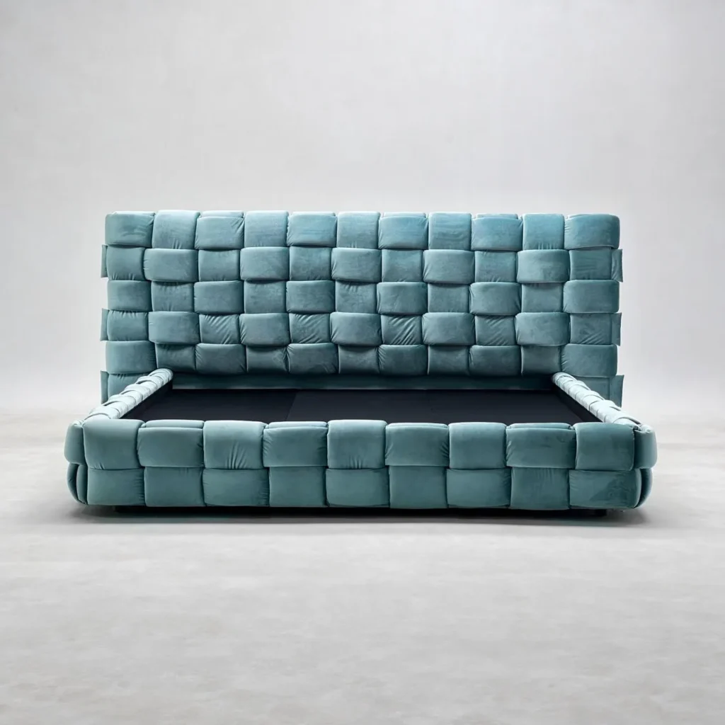 Woven Block Velvet Art Bed in Teal — front view