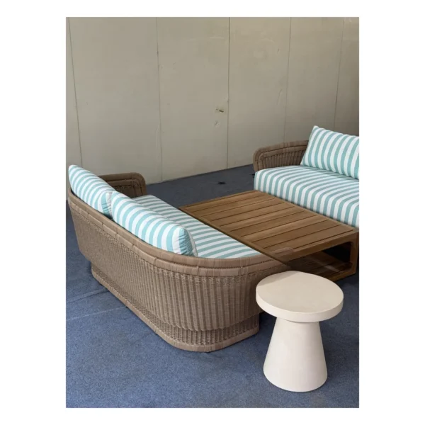 Outdoor Curved Woven Sofa Set with Striped Cushions, 183 cm in clay — in a room setting