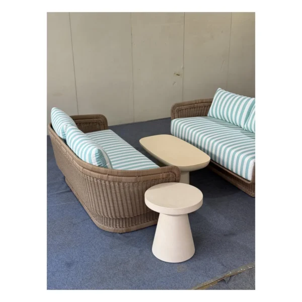 Outdoor Curved Woven Sofa Set with Striped Cushions, 183 cm in clay — in a room setting