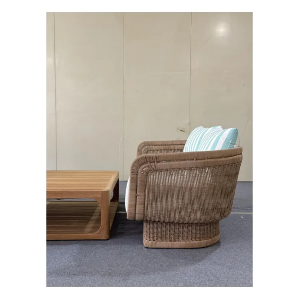 Outdoor Curved Woven Sofa Set with Striped Cushions, 183 cm in clay — in a room setting