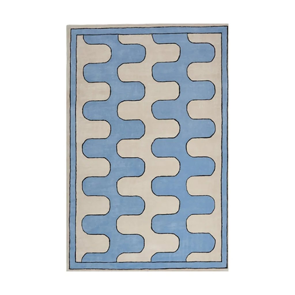 Blue and Beige Wave Check Rug in blue — front view