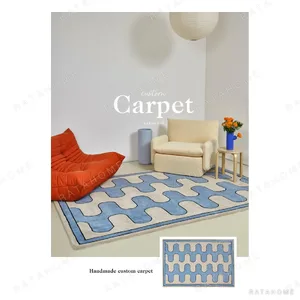 Blue and Beige Wave Check Rug in blue — in a room setting