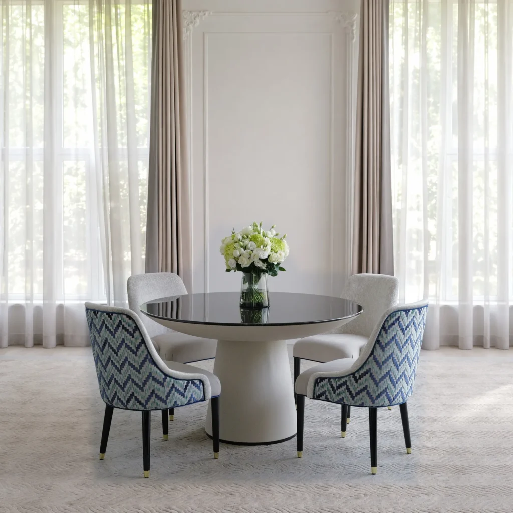 Beech Marquetry Round Table with Blue Jacquard Dining Chairs in natural oak — front view