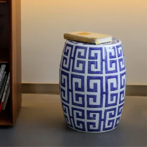 Blue and White Fretwork Hand-Painted Ceramic Drum Stool in blue — front view