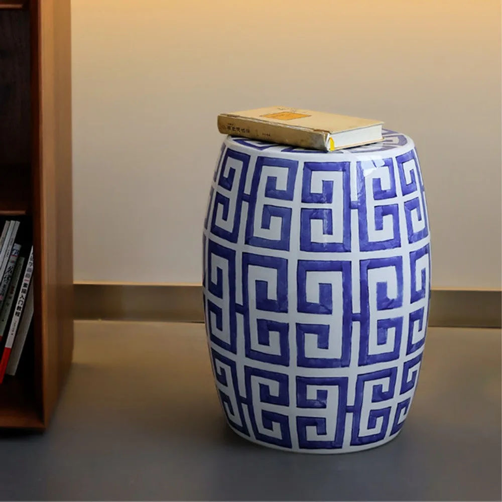 Blue and White Fretwork Hand-Painted Ceramic Drum Stool in blue — front view