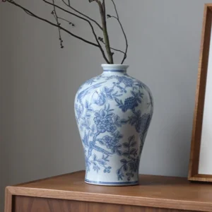 Hand-Painted Blue and White Flower and Bird Plum Vase in blue — front view