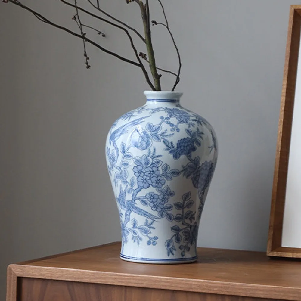 Hand-Painted Blue and White Flower and Bird Plum Vase in blue — front view